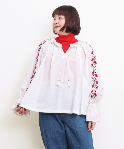 Dot＆Stripes 60コットンボイル 刺繍 ギャザー ブラウス Dot＆Stripes 60コットンボイル 刺繍 ギャザー ブラウス