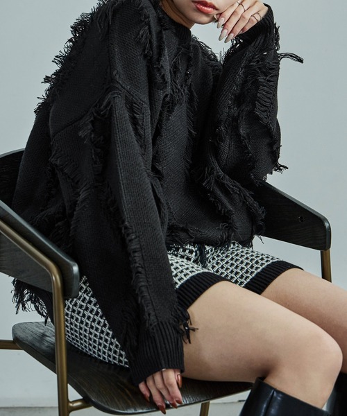 ニット セーター ジグザグフリンジ オーバーサイズニット レディース Fashion Letter ニット セーター ジグザグフリンジ オーバー