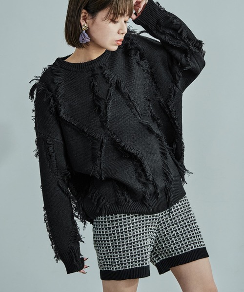 ニット セーター ジグザグフリンジ オーバーサイズニット レディース Fashion Letter ニット セーター ジグザグフリンジ オーバー