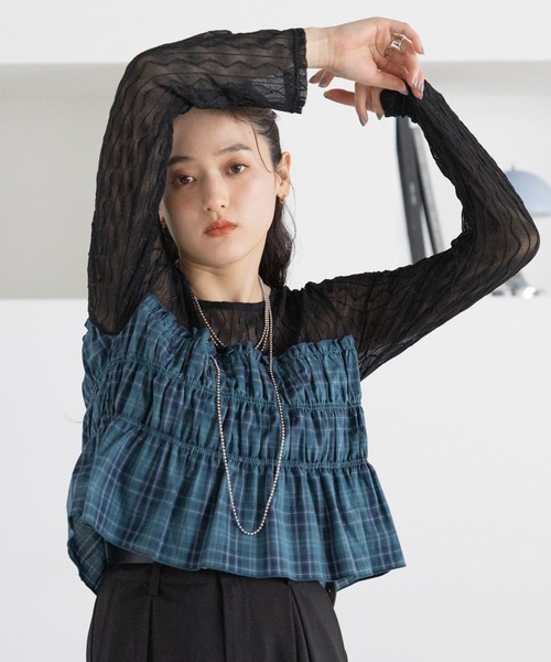 tシャツ チェックギャザービスチェドッキングシアープルオーバー レディース
