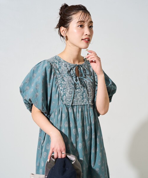 FREAK'S STORE 限定展開 インド 花柄 フロント 切り替えワンピース セール】限定展開 インド 花柄 フロント 切り替え ワンピース