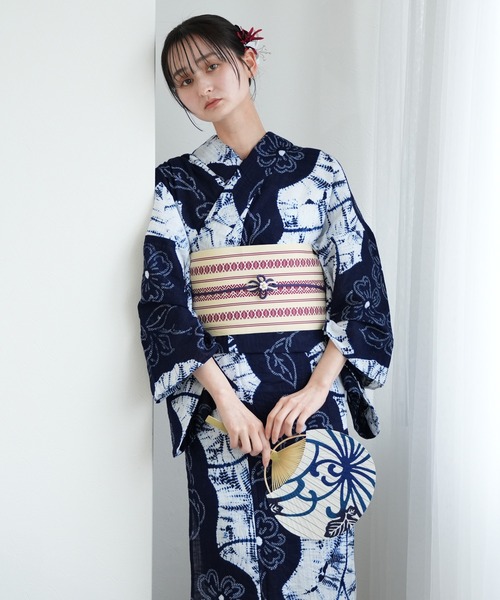 utatane 浴衣 有松絞り浴衣3点セット 綿麻 白と紺の花シルエット