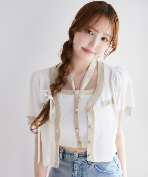 OPEN AESTHETIC ✧˖° ビスチェ付きシアートップス 2点セット セットアイテム】2WAYレースビスチェ＋トップス（カットソー