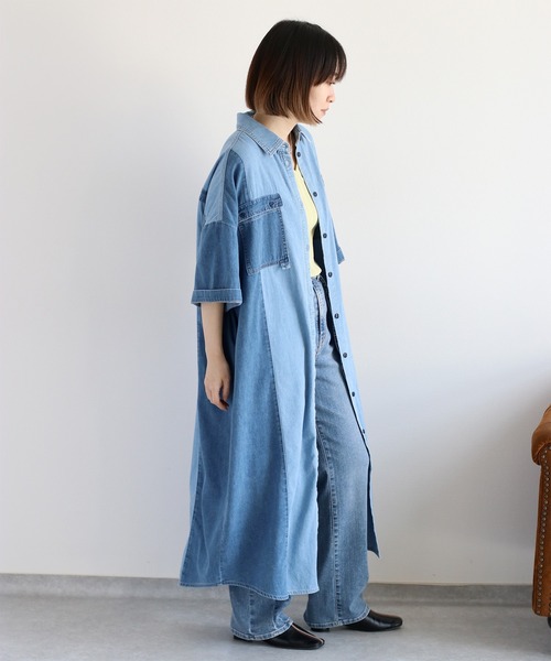 デニム 襤褸 Aライン パッチワークワンピース cepo（セポ） シャツワンピース デニムミックスパッチワークシャツ