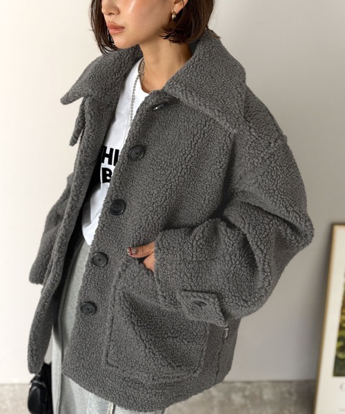 自由区　ウエストシェイプ ショートブルゾン　44 大きいサイズ　定価33000円 Java ブルゾン アウター 「JaVaジャバコラボ」纏う大人ボアが包み込む