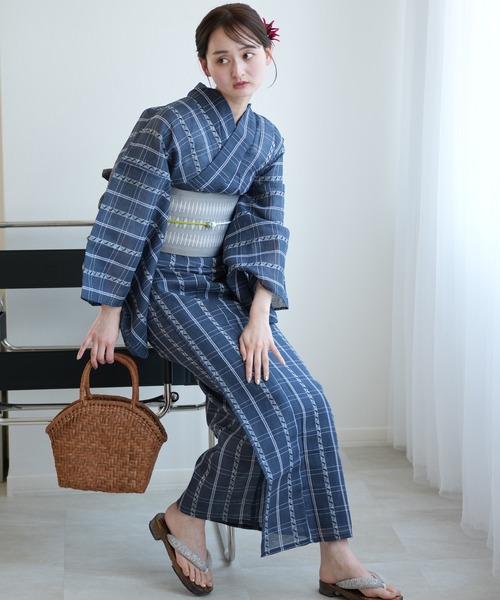 utatane 浴衣 浴衣3点セット 綿麻 しじら織 紺鼠格子 レディース