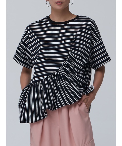tシャツ アシンメトリーペプラムボーダーT レディース