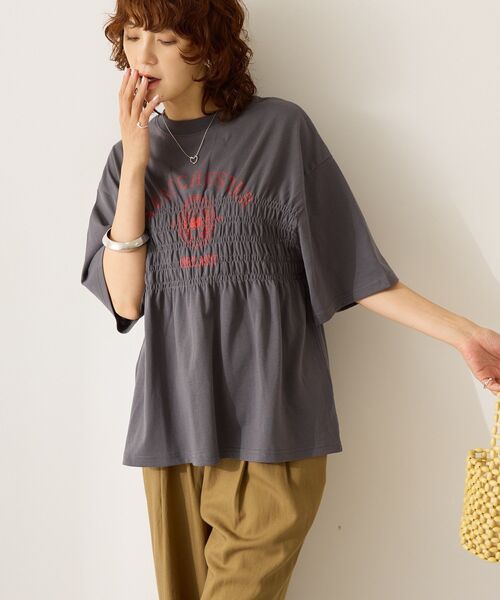 tシャツ シャーリング配色プルオーバー レディース 楽天市場】シャーリング配色メロウ半袖プルオーバー レディース