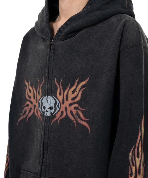 KAMIYA トレーナー スウェット “Skull Flame”Distressed Zip-up Hoodie