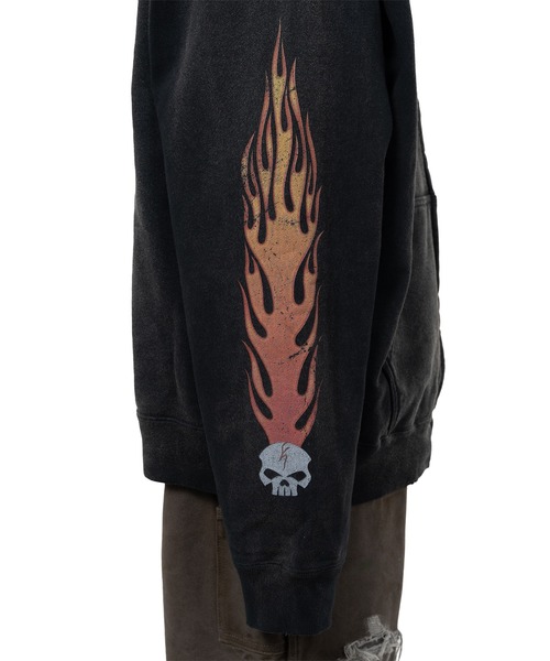 トレーナー スウェット “Skull Flame”Distressed Zip-up Hoodie メンズの画像