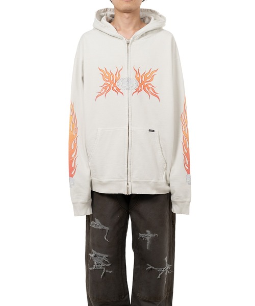 トレーナー スウェット “Skull Flame”Distressed Zip-up Hoodie メンズの画像
