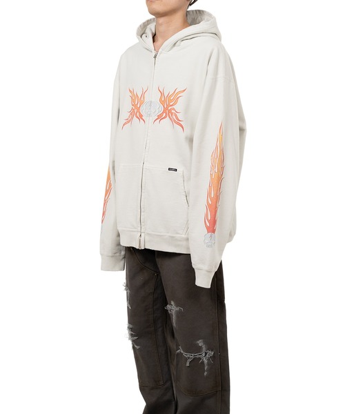 トレーナー スウェット “Skull Flame”Distressed Zip-up Hoodie メンズの画像