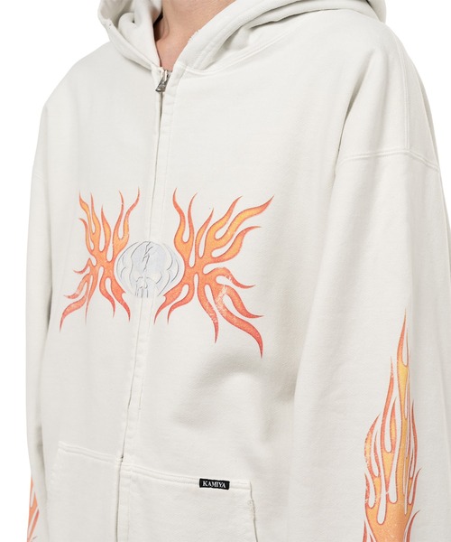 トレーナー スウェット “Skull Flame”Distressed Zip-up Hoodie メンズの画像