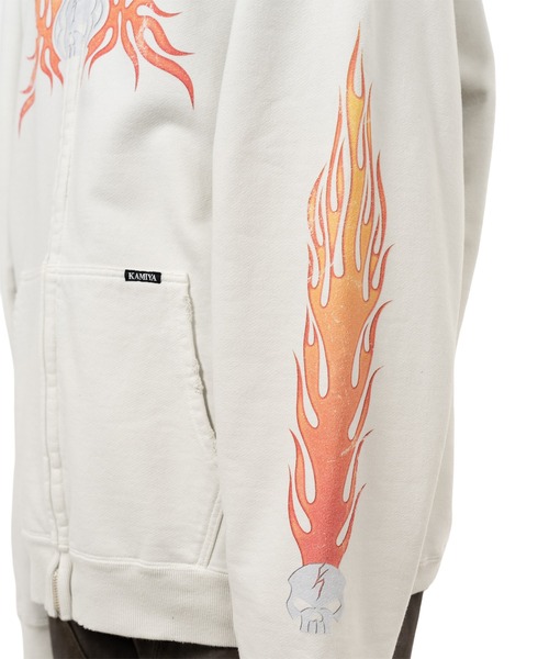 トレーナー スウェット “Skull Flame”Distressed Zip-up Hoodie メンズの画像