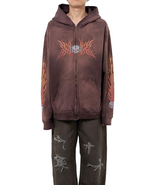 KAMIYA トレーナー スウェット “Skull Flame”Distressed Zip-up Hoodie