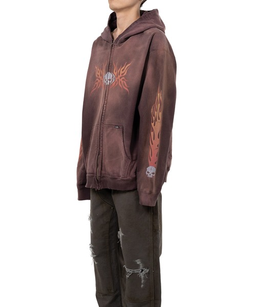 トレーナー スウェット “Skull Flame”Distressed Zip-up Hoodie メンズの画像