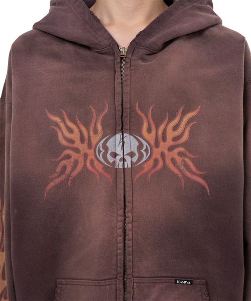 KAMIYA トレーナー スウェット “Skull Flame”Distressed Zip-up Hoodie