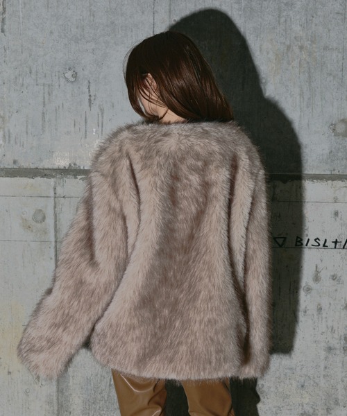 希少◯blondy ブロンディー　グレー ファー付き　ウールコート 日本製／フォックスファー／カシミヤ混】ファー付ウールコート