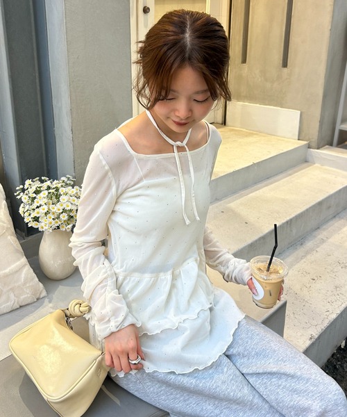 tシャツ 「レイヤードスタイルに」「IVO / レース / ラインストーン」ドットティアードプルオーバー レディースの画像
