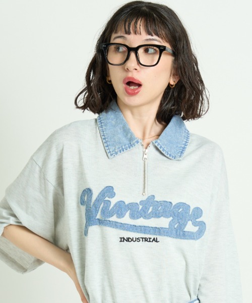 A.D.C.L. tシャツ 半袖 襟デニム ハーフジップ 半袖プルオーバー