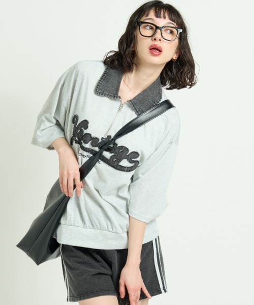 A.D.C.L. tシャツ 襟デニム ハーフジップ 半袖プルオーバー レディース