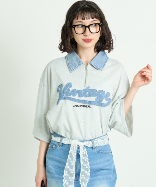 A.D.C.L. tシャツ 半袖 襟デニム ハーフジップ 半袖プルオーバー