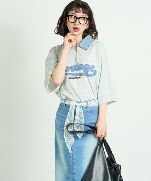 A.D.C.L. tシャツ 半袖 襟デニム ハーフジップ 半袖プルオーバー