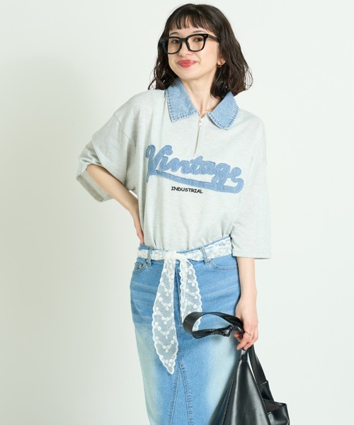 A.D.C.L. tシャツ 半袖 襟デニム ハーフジップ 半袖プルオーバー