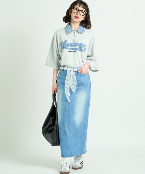 A.D.C.L. tシャツ 半袖 襟デニム ハーフジップ 半袖プルオーバー