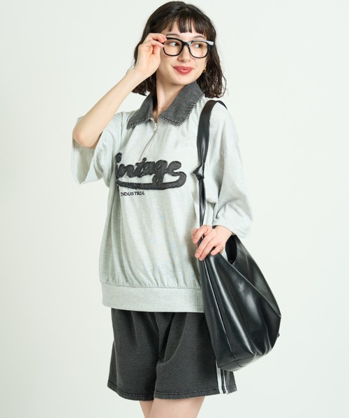 A.D.C.L. tシャツ 半袖 襟デニム ハーフジップ 半袖プルオーバー