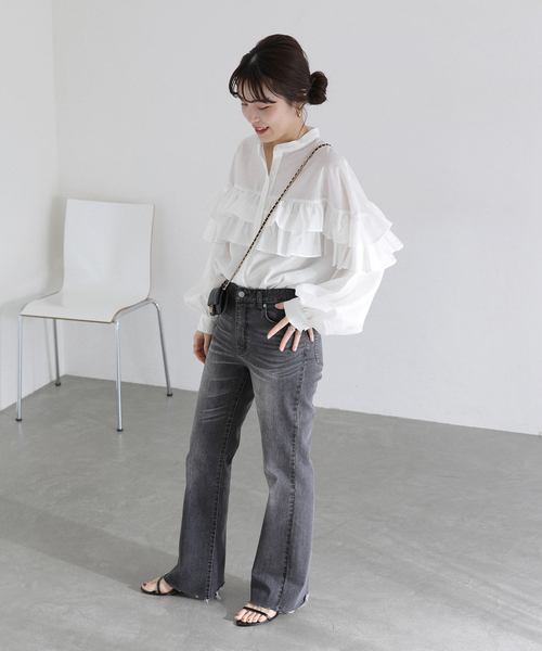 ブラウス シャツ 「洗える」ダブルフリルシャツ レディースの画像