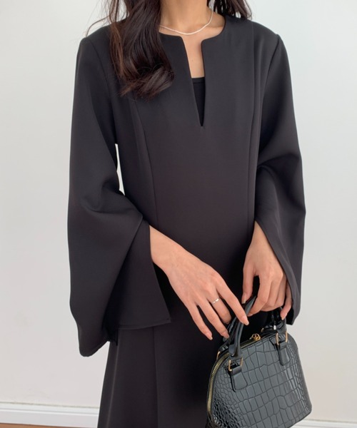 「ECLIN」 7分袖ワンピース M ブラック レディース_画像3