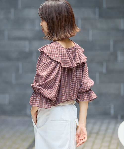 IENA（イエナ） ブラウス シャツ BLACK チェックフリルブラウス 