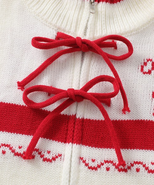 カーディガン 「HOOK」for girls リボン柄ジップニット レディース