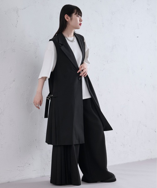 Ellino Loset ネイビー ベスト/ジレ Ellno Loset ベスト ジレ サイドプリーツロングジレ メンズ
