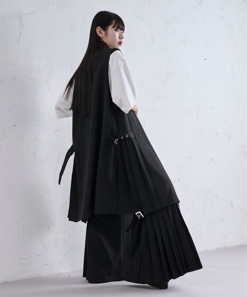 プリーツプリーズ ロング ジレ Ellno Loset ベスト ジレ サイドプリーツロングジレ メンズ