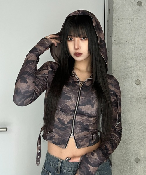 tシャツ クロップドカモフラージュフーディートップス レディース