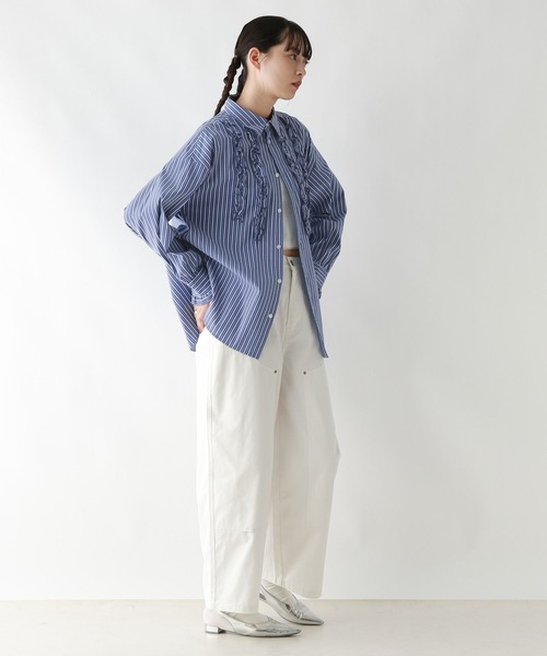 rosymonster ケールフリルストライプシャツ RAGEBLUE（レイジブルー） ブラウス シャツ フロントフリルストライプ