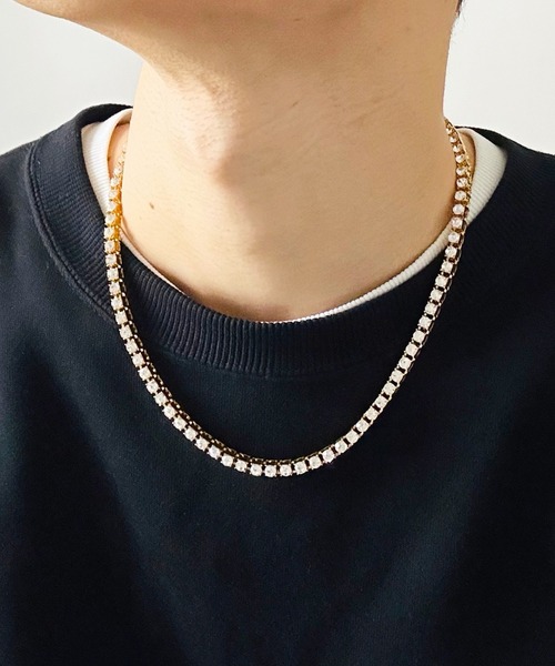 ジルコニアゴールドネックレス　ブレスレットSET テニスチェーン　3ミリ ステンレス テニスチェーンネックレス 幅3mm ゴールド 18KGP 45cm/50cm