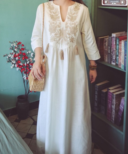 「SMILE ORCHID」 7分袖ワンピース FREE イエロー レディース_画像2