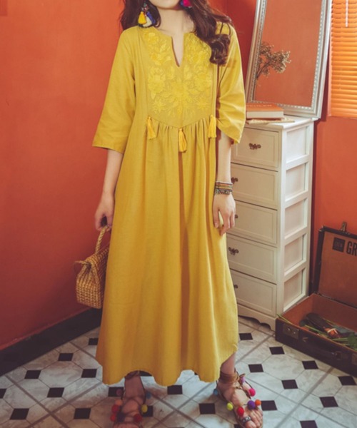 「SMILE ORCHID」 7分袖ワンピース FREE イエロー レディース_画像3