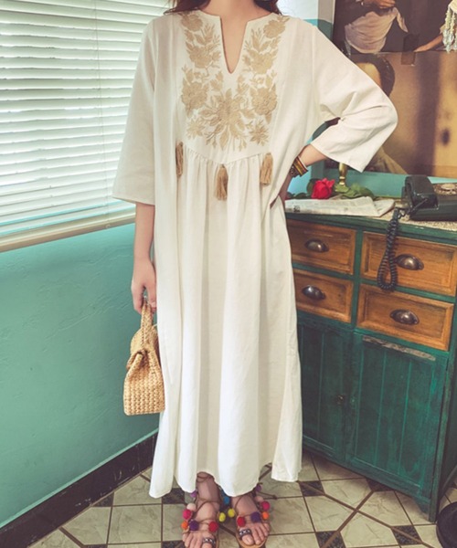 「SMILE ORCHID」 7分袖ワンピース FREE イエロー レディース_画像4