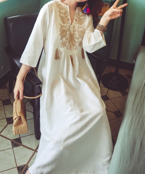 「SMILE ORCHID」 7分袖ワンピース FREE イエロー レディース_画像5