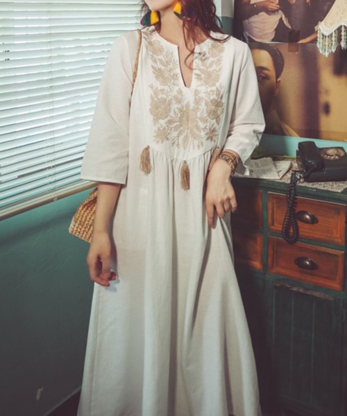 「SMILE ORCHID」 7分袖ワンピース FREE イエロー レディース_画像6