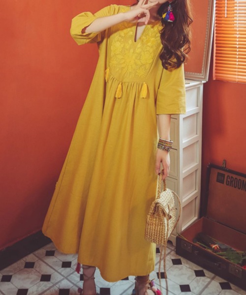 「SMILE ORCHID」 7分袖ワンピース FREE イエロー レディース_画像7