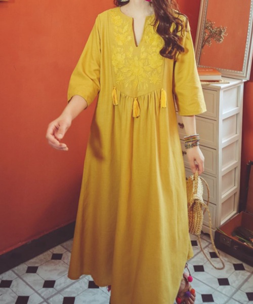 「SMILE ORCHID」 7分袖ワンピース FREE イエロー レディース_画像8