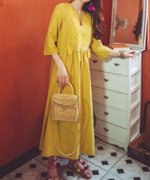 「SMILE ORCHID」 7分袖ワンピース FREE イエロー レディース_画像9