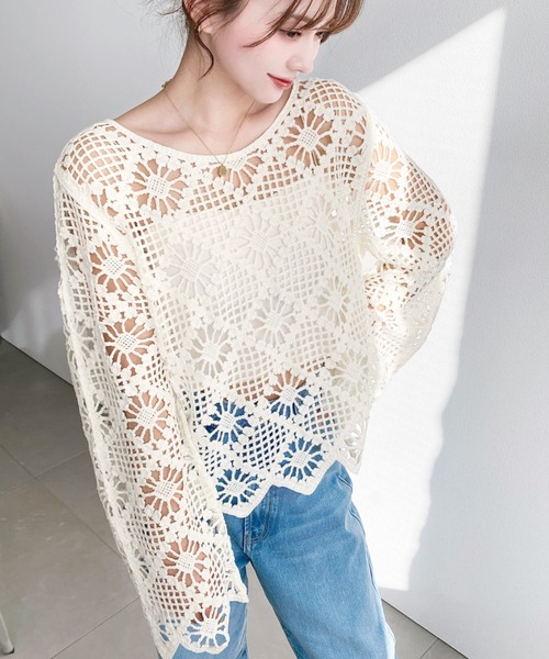 moment+ ニット セーター かぎ針クロシェ編み風長袖プルオーバー