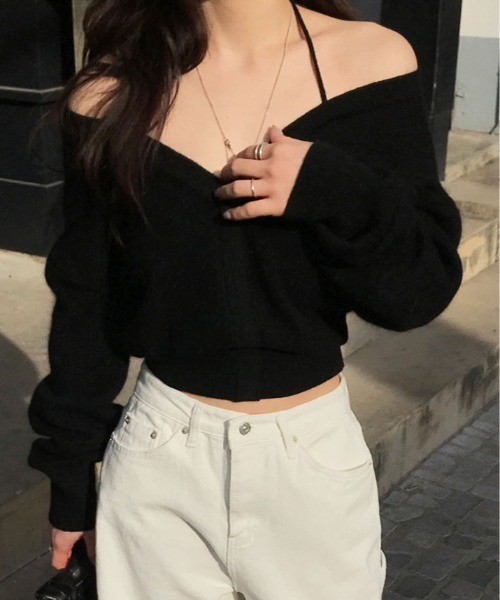 ニット セーター オフショルダー 深V ネック クロップド プルオーバー
