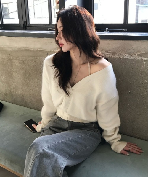 ニット セーター オフショルダー 深V ネック クロップド プルオーバー